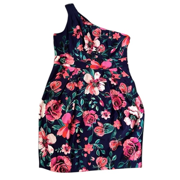 NWT Eliza J Blue Pink Green Floral One Shoulder Sheath Dress Size 14 - Picture 3 of 12